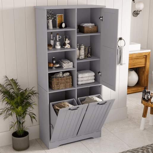 Móvel de casa de banho 78x35x172 cm - Cesto duplo para roupa, 4 compartimentos abertos, prateleiras ajustáveis - Cinza Móvel de casa de banho 78x35x172 cm - Cesto duplo para roupa, 4 compartimentos abertos, prateleiras ajustáveis - Cinza