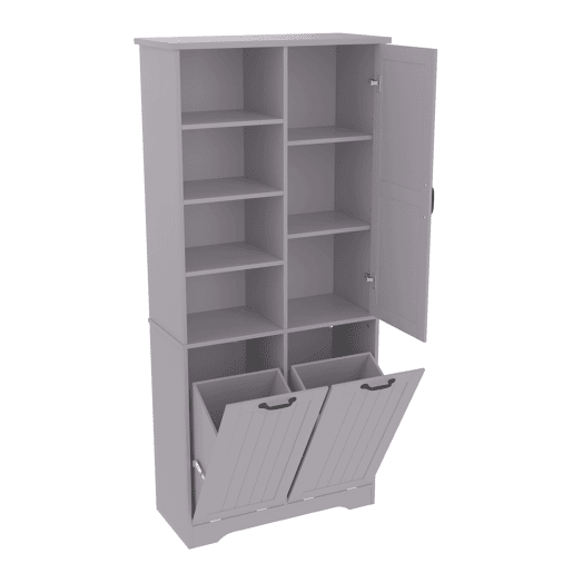 Móvel de casa de banho 78x35x172 cm - Cesto duplo para roupa, 4 compartimentos abertos, prateleiras ajustáveis - Cinza Móvel de casa de banho 78x35x172 cm - Cesto duplo para roupa, 4 compartimentos abertos, prateleiras ajustáveis - Cinza