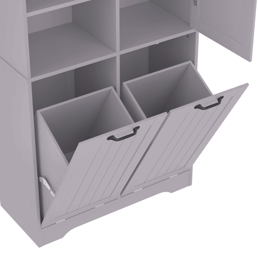 Móvel de casa de banho 78x35x172 cm - Cesto duplo para roupa, 4 compartimentos abertos, prateleiras ajustáveis - Cinza Móvel de casa de banho 78x35x172 cm - Cesto duplo para roupa, 4 compartimentos abertos, prateleiras ajustáveis - Cinza