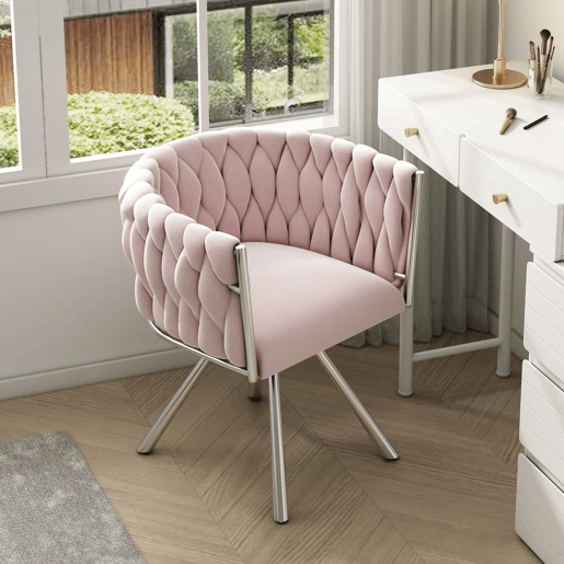 Cadeira giratória de veludo com braços - pernas em metal prateado - Rosa Cadeira giratória de veludo com braços - pernas em metal prateado - Rosa