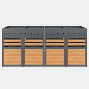 Caixa para caixotes do lixo 4 unidades - com teto de plantas, 120-240 litros - porta cinzenta com aspeto de madeira
