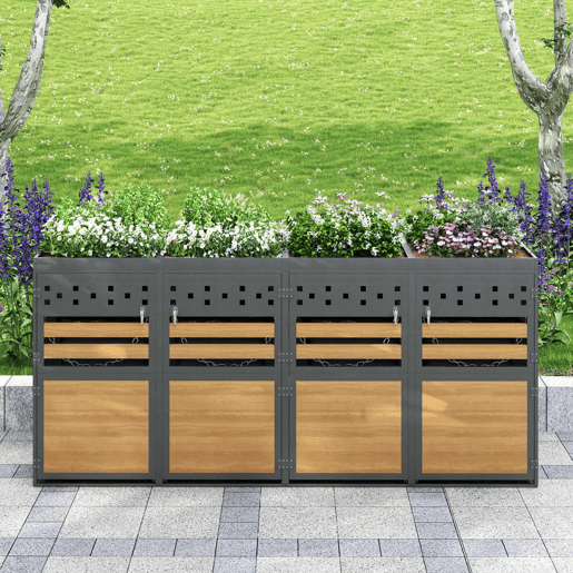 Caixa para caixotes do lixo 4 unidades - com teto de plantas, 120-240 litros - porta cinzenta com aspeto de madeira