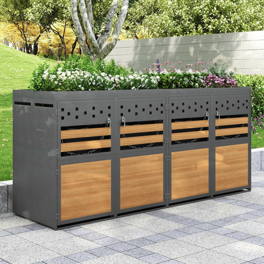 Caixa para caixotes do lixo 4 unidades - com teto de plantas, 120-240 litros - porta cinzenta com aspeto de madeira
