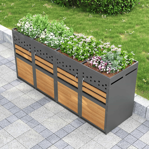 Caixa para caixotes do lixo 4 unidades - com teto de plantas, 120-240 litros - porta cinzenta com aspeto de madeira