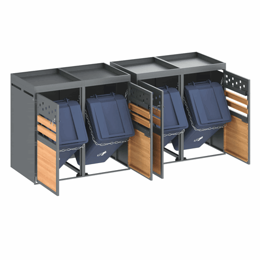 Caixa para caixotes do lixo 4 unidades - com teto de plantas, 120-240 litros - porta cinzenta com aspeto de madeira