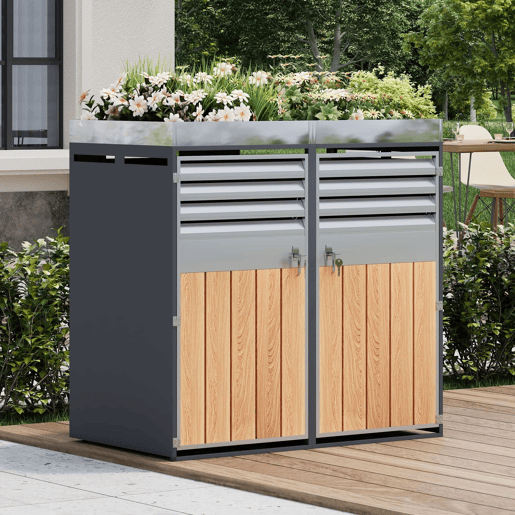 Contentor do lixo 132x80x124,5 cm - com ventilação de ripas, com fechadura, 2 portas, área para plantas - CinzaMadeira