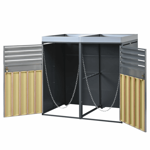Contentor do lixo 132x80x124,5 cm - com ventilação de ripas, com fechadura, 2 portas, área para plantas - CinzaMadeira