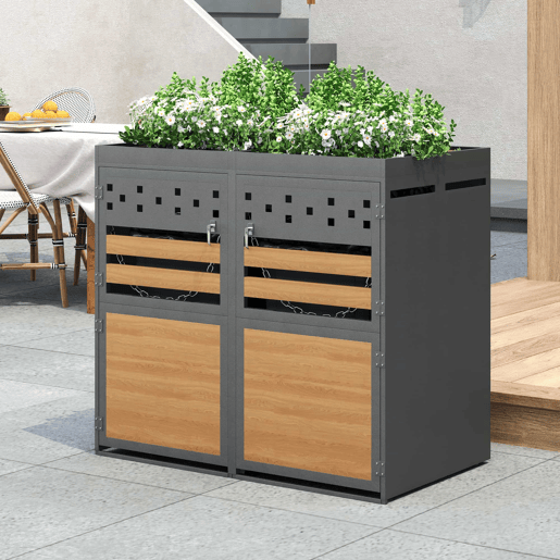 Caixa para caixotes do lixo 2 unidades 120-240 L - Com teto de plantas, porta com efeito de madeira, opção de ampliação - Cinza e Natural