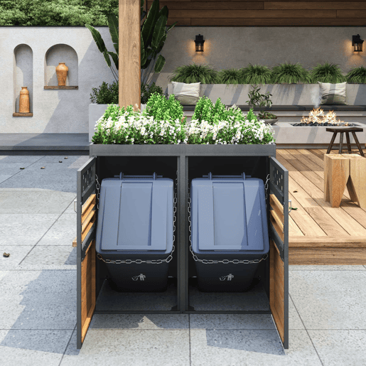 Caixa para caixotes do lixo 2 unidades 120-240 L - Com teto de plantas, porta com efeito de madeira, opção de ampliação - Cinza e Natural