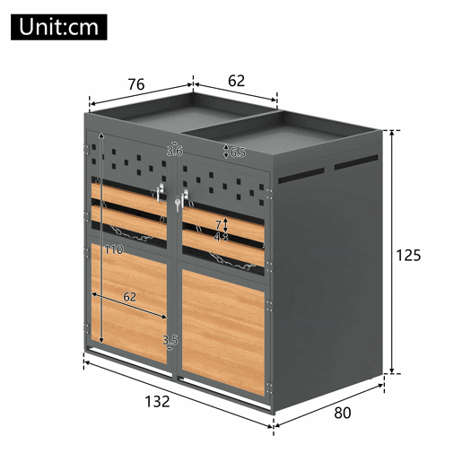 Caixa para caixotes do lixo 2 unidades 120-240 L - Com teto de plantas, porta com efeito de madeira, opção de ampliação - Cinza e Natural
