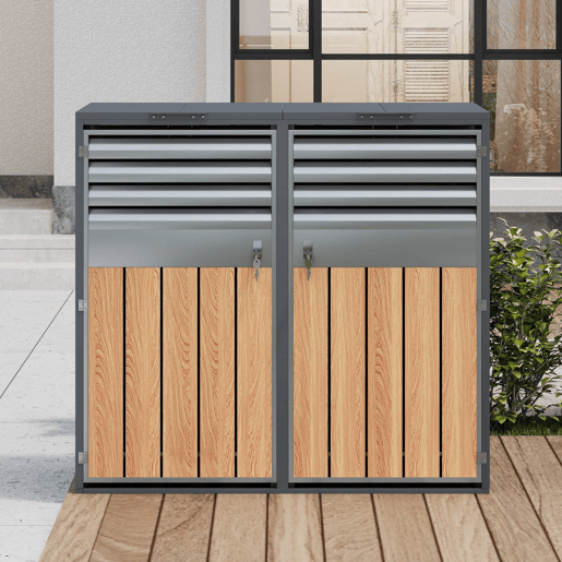 Contentor do lixo 132x80x118,5 cm - com tampa basculante, ventilação com ripas, compartimentos para lixo, com fechadura, duas portas - Cinza, Madeira