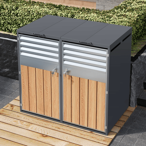 Contentor do lixo 132x80x118,5 cm - com tampa basculante, ventilação com ripas, compartimentos para lixo, com fechadura, duas portas - Cinza, Madeira