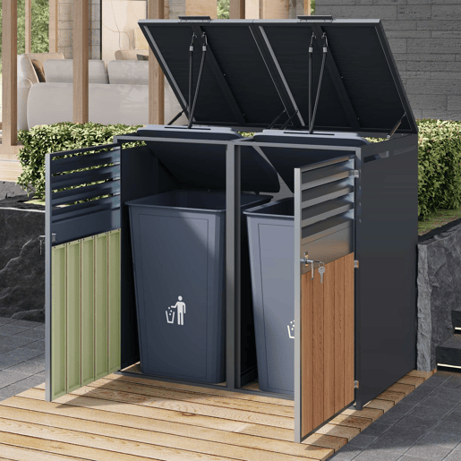 Contentor do lixo 132x80x118,5 cm - com tampa basculante, ventilação com ripas, compartimentos para lixo, com fechadura, duas portas - Cinza, Madeira