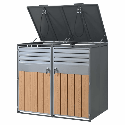 Contentor do lixo 132x80x118,5 cm - com tampa basculante, ventilação com ripas, compartimentos para lixo, com fechadura, duas portas - Cinza, Madeira