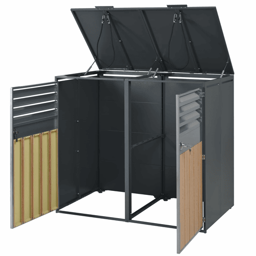 Contentor do lixo 132x80x118,5 cm - com tampa basculante, ventilação com ripas, compartimentos para lixo, com fechadura, duas portas - Cinza, Madeira