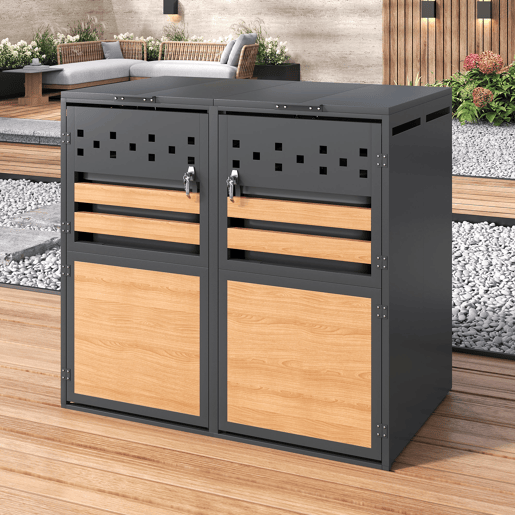 Caixa para lixo 132x80x118 cm - Com tampa rebatível, compartimentos para armazenamento de lixo, com fechadura, duas portas, recortes em forma de losango, painéis de madeira com veios horizontais - Cinza, Madeira