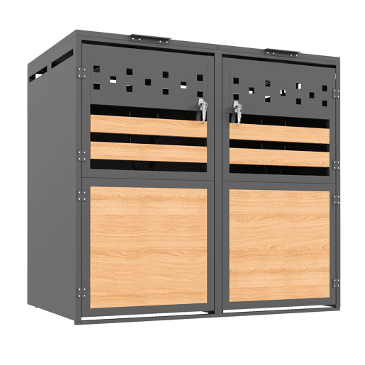 Caixa para lixo 132x80x118 cm - Com tampa rebatível, compartimentos para armazenamento de lixo, com fechadura, duas portas, recortes em forma de losango, painéis de madeira com veios horizontais - Cinza, Madeira