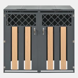 Contentor de lixo exterior 132x80x118,5 cm - com tampa basculante, ventilação em forma de losango, compartimentos para resíduos, com fechadura, duas portas - cinzento e madeira