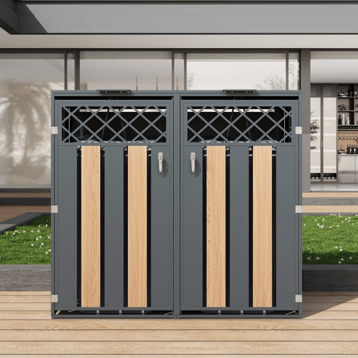 Contentor de lixo exterior 132x80x118,5 cm - com tampa basculante, ventilação em forma de losango, compartimentos para resíduos, com fechadura, duas portas - cinzento e madeira