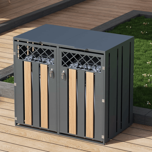 Contentor de lixo exterior 132x80x118,5 cm - com tampa basculante, ventilação em forma de losango, compartimentos para resíduos, com fechadura, duas portas - cinzento e madeira