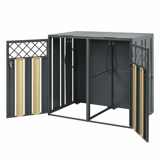 Contentor de lixo exterior 132x80x118,5 cm - com tampa basculante, ventilação em forma de losango, compartimentos para resíduos, com fechadura, duas portas - cinzento e madeira