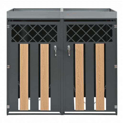Contentor de lixo exterior 132x80x124,5 cm - com orifícios de ventilação em forma de losango, compartimentos para resíduos, fechadura, duas portas e superfície para plantas - Cinza e Madeira