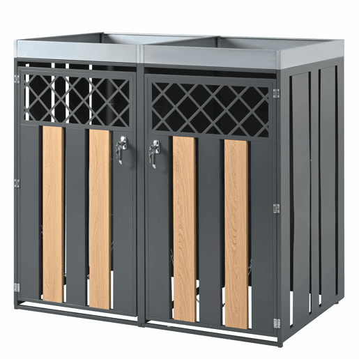 Contentor de lixo exterior 132x80x124,5 cm - com orifícios de ventilação em forma de losango, compartimentos para resíduos, fechadura, duas portas e superfície para plantas - Cinza e Madeira