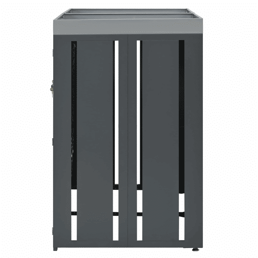 Contentor de lixo exterior 132x80x124,5 cm - com orifícios de ventilação em forma de losango, compartimentos para resíduos, fechadura, duas portas e superfície para plantas - Cinza e Madeira