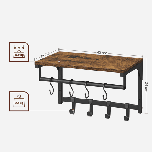 SUPORTE DE PAREDE com cabides de 40 cm, castanhopreto