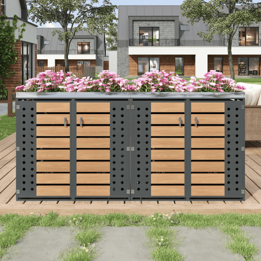 Caixa para lixo - Quatro portas, com painéis horizontais de madeira, compartimentos para armazenamento de lixo, fechadura, área para plantas, painel da porta com padrão de diamantes - Cinza, Madeira