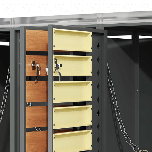 Caixa para lixo - Quatro portas, com painéis horizontais de madeira, compartimentos para armazenamento de lixo, fechadura, área para plantas, painel da porta com padrão de diamantes - Cinza, Madeira