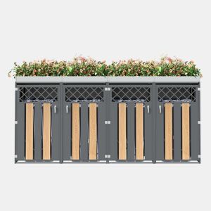 Contentor de lixo exterior 132x80x124,5 cm - com orifícios de ventilação em forma de losango, 4 portas, compartimentos fechados com chave e superfície para plantas - Cinza e Madeira