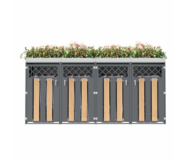 Contenedor de basura exterior 132x80x124,5 cm - con orificios de ventilación en forma de rombo, 4 puertas, compartimentos cerrados con llave y