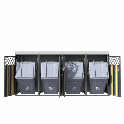 Contentor de lixo exterior 132x80x124,5 cm - com orifícios de ventilação em forma de losango, 4 portas, compartimentos fechados com chave e superfície para plantas - Cinza e Madeira