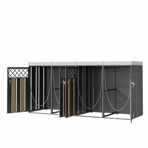 Contentor de lixo exterior 132x80x124,5 cm - com orifícios de ventilação em forma de losango, 4 portas, compartimentos fechados com chave e superfície para plantas - Cinza e Madeira