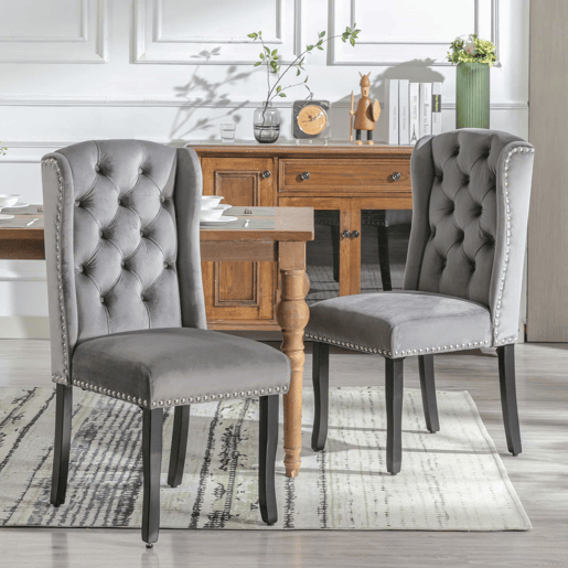 Conjunto de 6 cadeiras de veludo com pernas de carvalho - decoradas com rebites - Cinzento