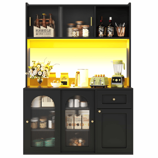 Armário de cozinha - 120x40x180 cm - com prateleiras ajustáveis, vitrine, iluminação LED - preto