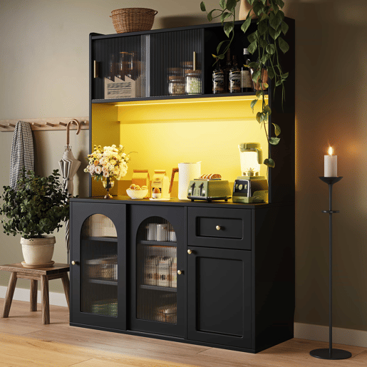 Armário de cozinha - 120x40x180 cm - com prateleiras ajustáveis, vitrine, iluminação LED - preto