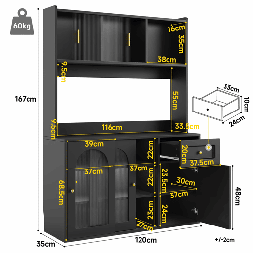 Armário de cozinha - 120x40x180 cm - com prateleiras ajustáveis, vitrine, iluminação LED - preto