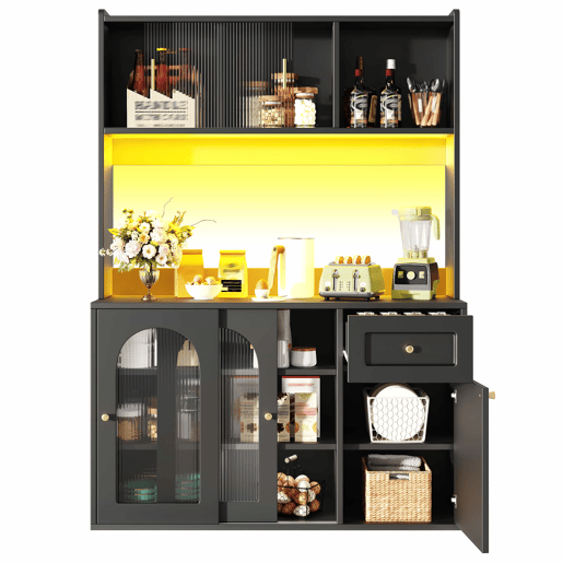 Armário de cozinha - 120x40x180 cm - com prateleiras ajustáveis, vitrine, iluminação LED - preto