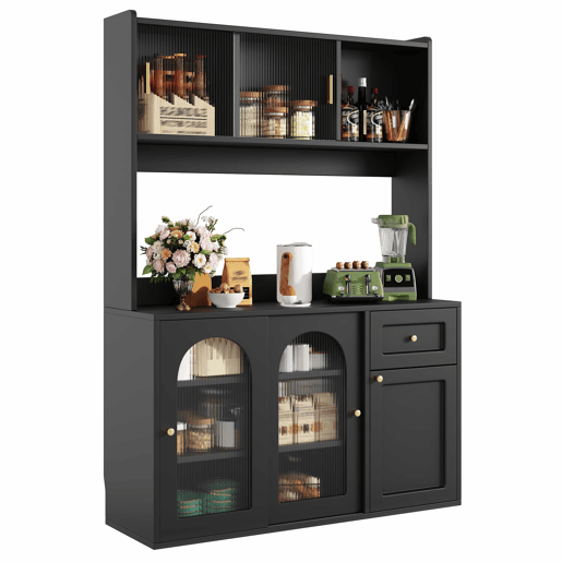 Armário de cozinha - 120x40x180 cm - com prateleiras ajustáveis, vitrine, iluminação LED - preto