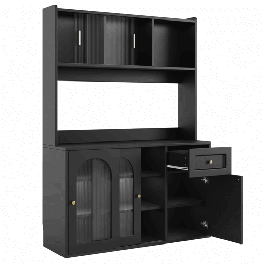 Armário de cozinha - 120x40x180 cm - com prateleiras ajustáveis, vitrine, iluminação LED - preto