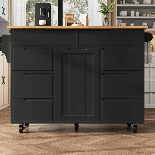 Ilha de cozinha moderna 122x74,5x91,5 cm - Carrinho de cozinha com rodas, 8 gavetas, prateleira para especiarias - Preto