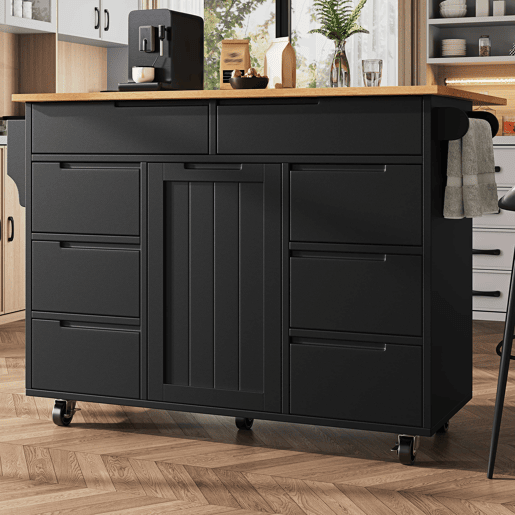 Ilha de cozinha moderna 122x74,5x91,5 cm - Carrinho de cozinha com rodas, 8 gavetas, prateleira para especiarias - Preto