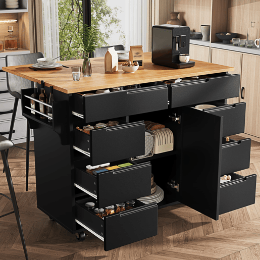 Ilha de cozinha moderna 122x74,5x91,5 cm - Carrinho de cozinha com rodas, 8 gavetas, prateleira para especiarias - Preto
