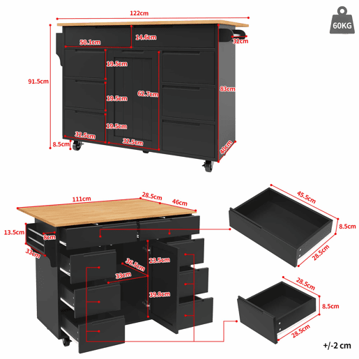Ilha de cozinha moderna 122x74,5x91,5 cm - Carrinho de cozinha com rodas, 8 gavetas, prateleira para especiarias - Preto