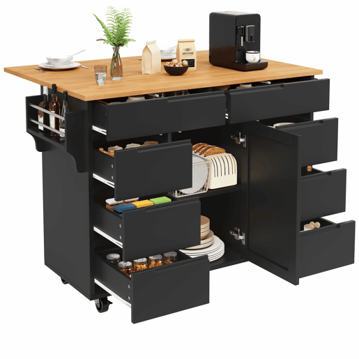 Ilha de cozinha moderna 122x74,5x91,5 cm - Carrinho de cozinha com rodas, 8 gavetas, prateleira para especiarias - Preto