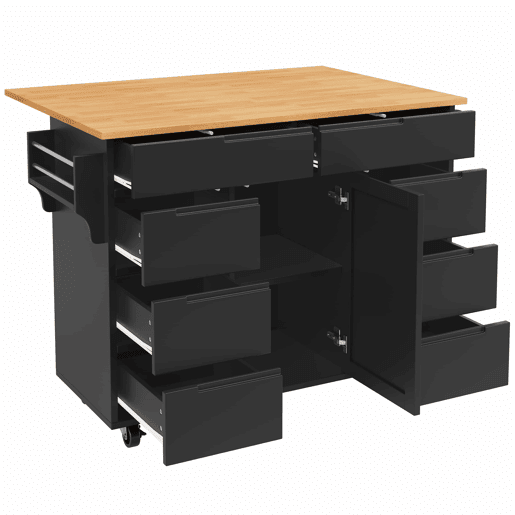 Ilha de cozinha moderna 122x74,5x91,5 cm - Carrinho de cozinha com rodas, 8 gavetas, prateleira para especiarias - Preto