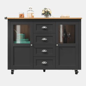 Ilha de cozinha 120x73x93cm - carrinho extraível com rodas, 2 portas, 4 gavetas, prateleiras ajustáveis, toalheiro, porta-temperos - preto