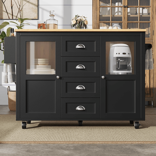 Ilha de cozinha 120x73x93cm - carrinho extraível com rodas, 2 portas, 4 gavetas, prateleiras ajustáveis, toalheiro, porta-temperos - preto